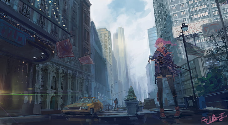 digital art, artwork, anime girls, cityscape, urban, zettai ryouiki, HD wallpaper