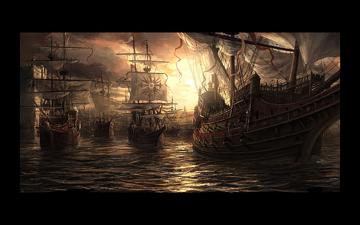 brown galleon ship wallpaper, artwork, fantasy art, nautical vessel