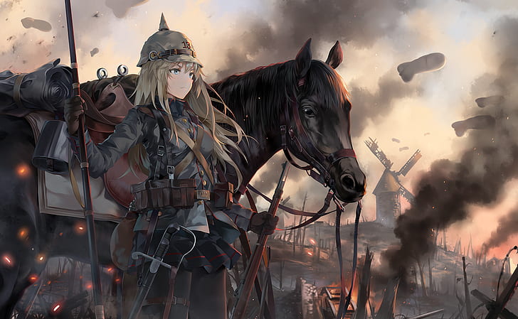rifles, windmill, horse, bangs, blue eyes, uniform, NEKO (Yanshoujie), HD wallpaper