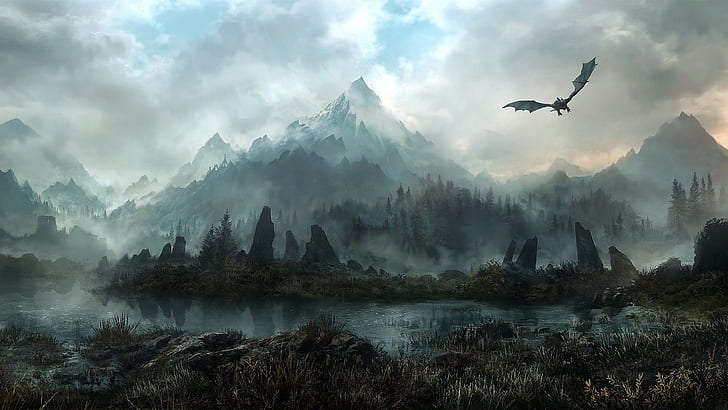 Skyrim Elder Scrolls Dragon Mountains Landscape HD, video games, HD wallpaper