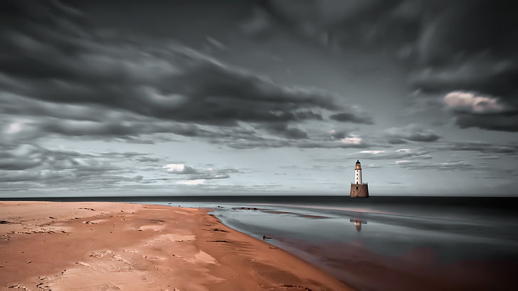 coast, dark, sky, sea, lighthouse, cloud - sky, water, beauty in nature, HD wallpaper