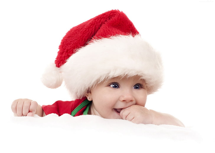 white and red Santa hat, baby, new year, cute, christmas, child