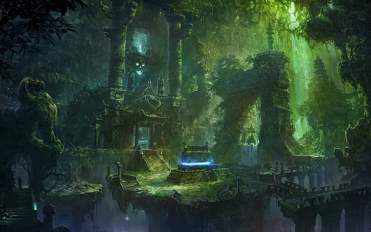 temple in the middle of the forest, green, imagination, no people