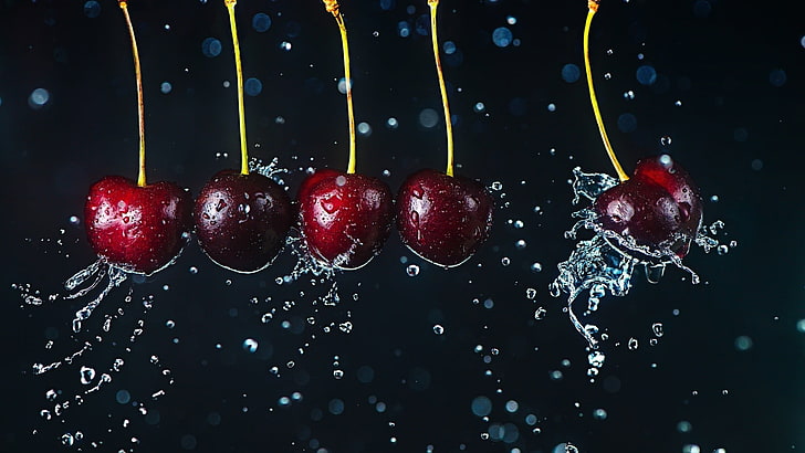 focus photography of five cherries, liquid, water, fruit, food and drink