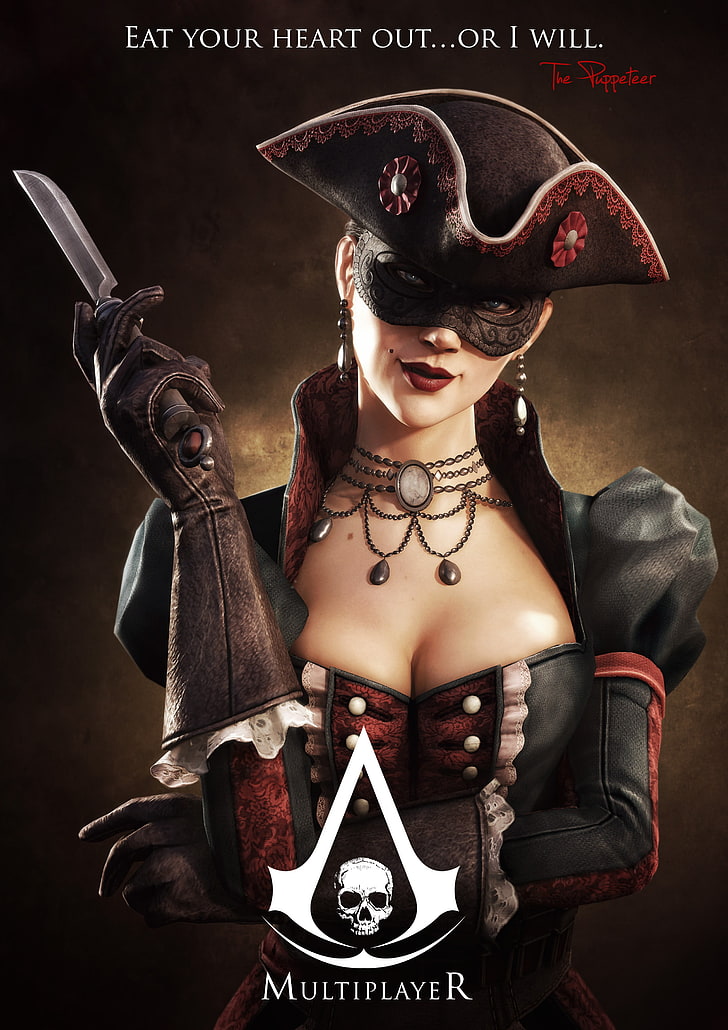 woman in mask illustration, Assassin's Creed, video games, hat