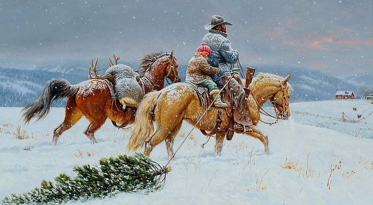 Getting Ready For Christmas Painting, brown horse, Holidays, Winter, HD wallpaper