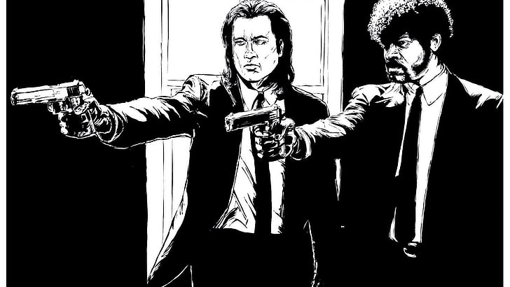 two men in suit pointing gun wallpaper, Art, Pulp Fiction, black And White, HD wallpaper