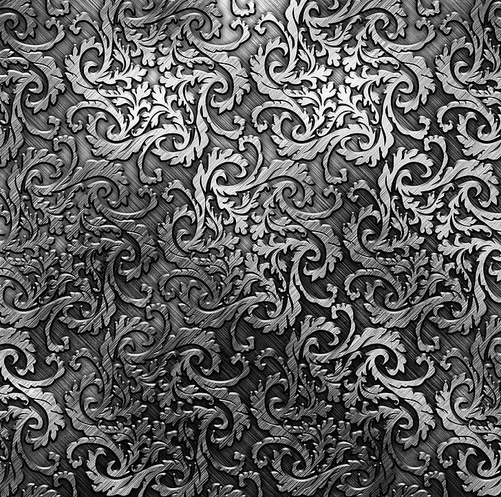 grey damask 3D wallpaper, metal, pattern, silver, texture, background, HD wallpaper
