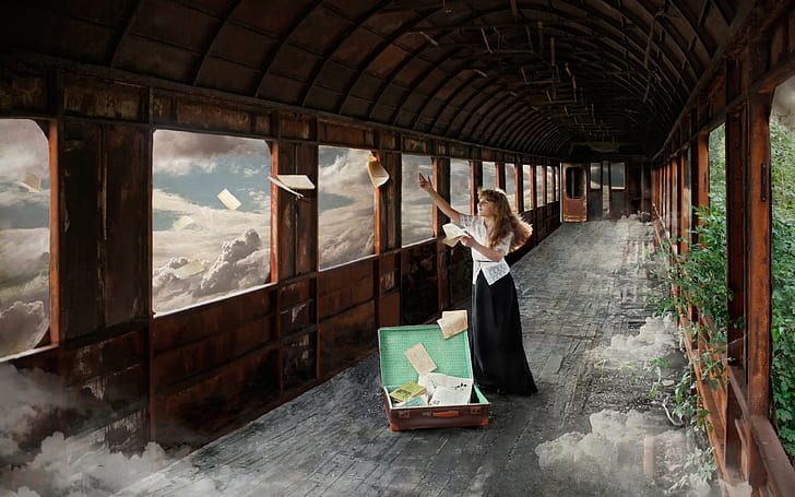 Creative pictures, girl, car, clouds, suitcase, books, woman in corridor painting