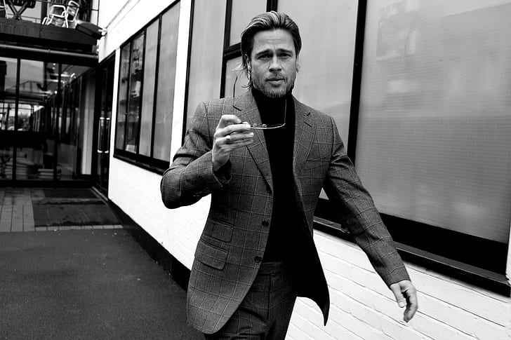 Brad Pitt, Actor, Monochrome, grayscale photo brad pitt