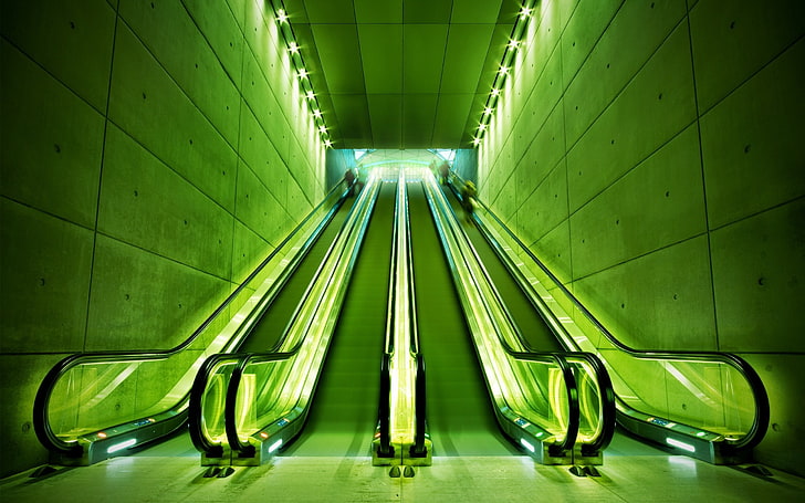 green LED escalator, cityscape, illuminated, green color, architecture