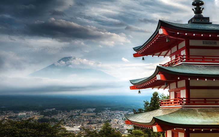 red and brown wooden pagoda temple, Japan, Mount Fuji, architecture