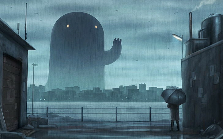 landscape, creature, city, anime, artwork, umbrella, rain, cityscape, HD wallpaper