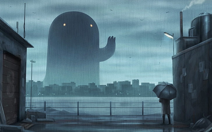 man holding umbrella standing near building artwork, man under umbrella looking at monster illustration