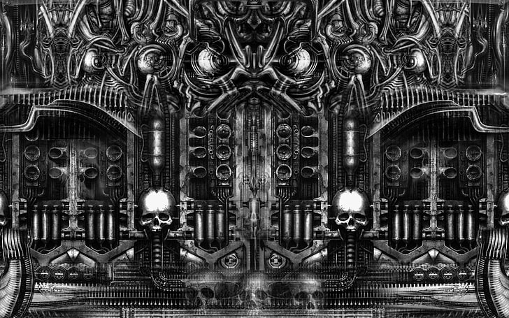 black door digital art, H. R. Giger, surreal, skull, artwork, HD wallpaper