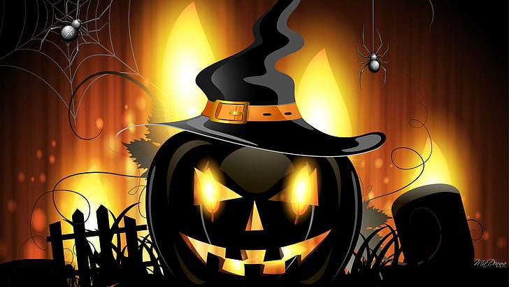 pumpkin illustration, Halloween, spider, artwork, Jack O' Lantern
