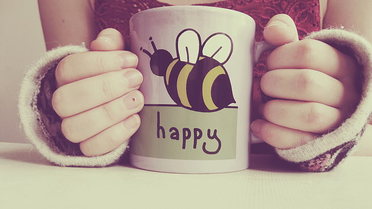 white and black bee graphic happy-printed ceramic mug, cup, minimalism