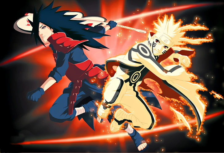 Naruto and Madara illustration, fire, flame, game, anime, fight, HD wallpaper