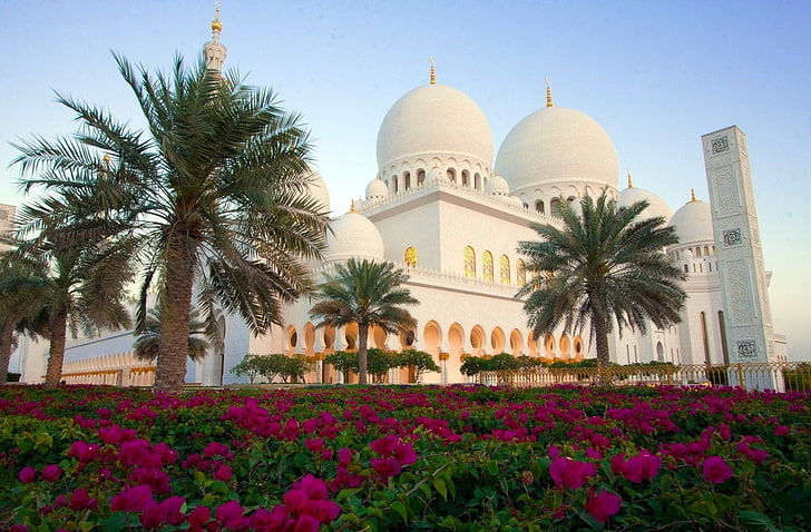 Mosques, Sheikh Zayed Grand Mosque, Abu Dhabi, Flower, Palm Tree, HD wallpaper