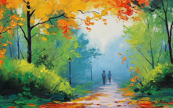 two toddler's walking on road between trees illustration, painting