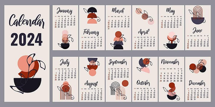 2024 (year), calendar, month, numbers, minimalism