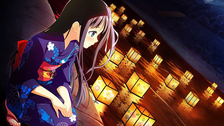 anime girls, long hair, kimono, illuminated, one person, low angle view