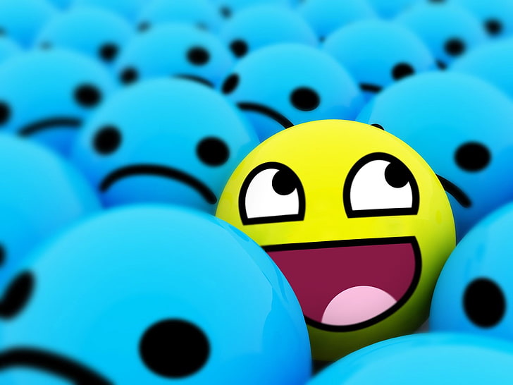 happy face, blue, yellow, awesome face, close-up, no people, HD wallpaper