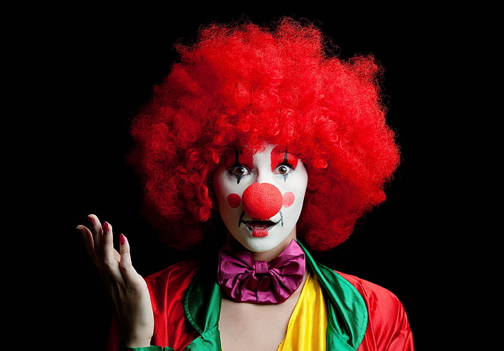 adult red, green, and yellow clown costume, girl, circus, wig, HD wallpaper