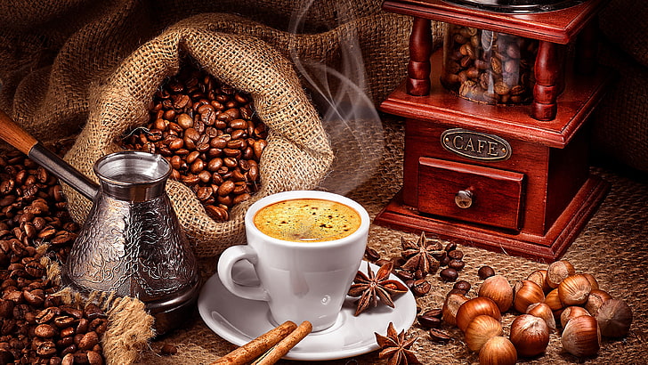 coffee, still life photography, coffee cup, coffee bean, caffeine, HD wallpaper