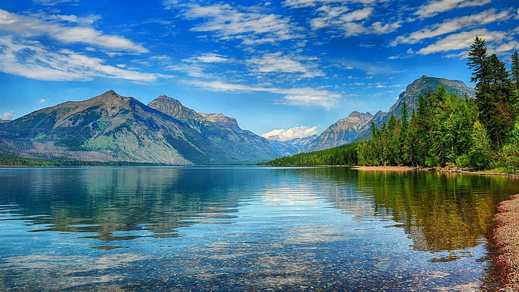 Lake Mcdonald Crystal Waters Green Pine Forest Mountains Sky White Clouds Glacier National Park Montana Wallpaper Hd 1920×1080, HD wallpaper