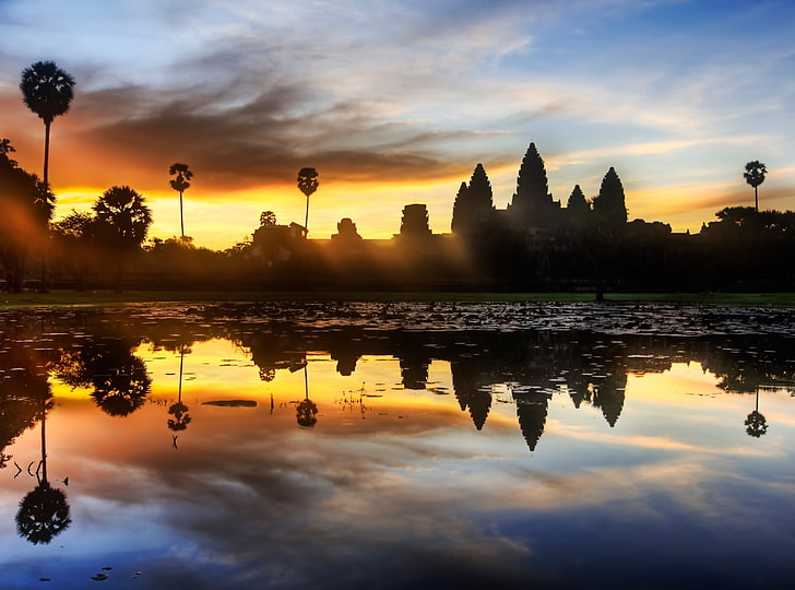 Sunrise Discovery of Angkor Wat, panoramic silhouette Angkor Wat, Cambodia