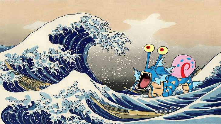 Gary, humor, The Great Wave off Kanagawa, Gyarados, HD wallpaper