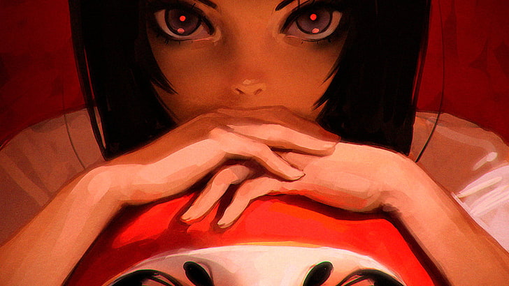 black haired girl anime character illustration, fantasy art, red background