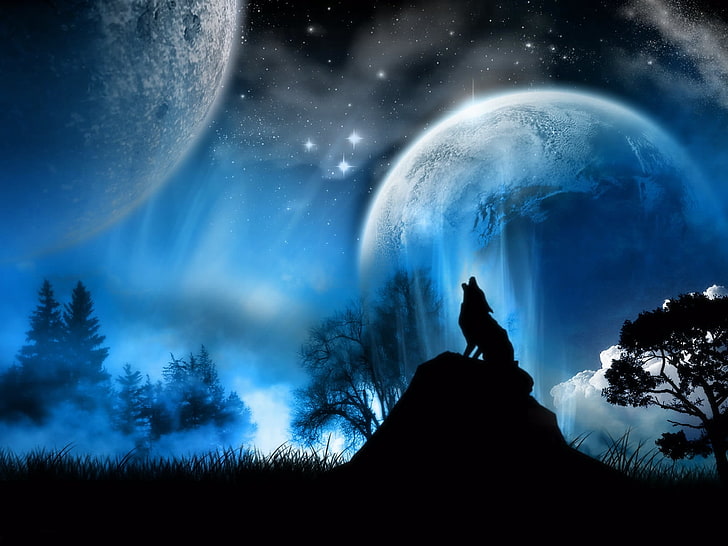 howling wolf under moon wallpaper, moonlight, fantasy, nature