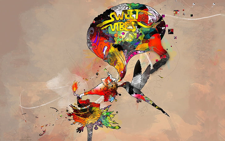 Sweet Vibes digital art, birds, abstract, psychedelic, multi colored, HD wallpaper