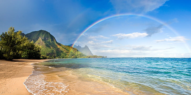 beach, rainbows, sea, mountains, trees, sand, Hawaii, island, HD wallpaper