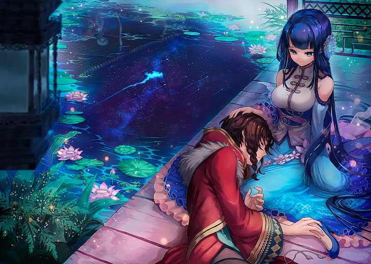 HD wallpaper: anime couple, merc storia, sleeping, stars, water, reflection  | Wallpaper Flare