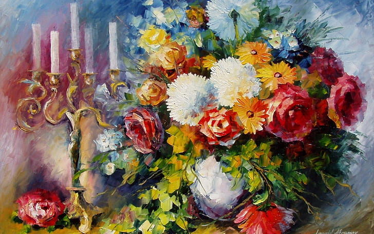 afremov, art, bouquet, candles, flowers, leonid, life, vase, HD wallpaper