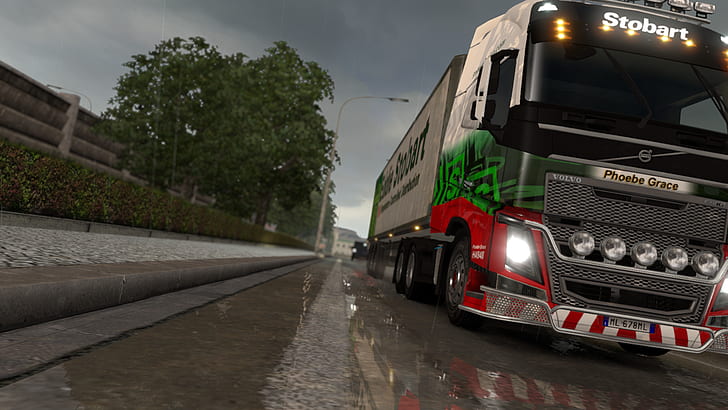 Euro Truck Simulator 2, rain, reflection, lorry, trees, Volvo FH16, HD wallpaper