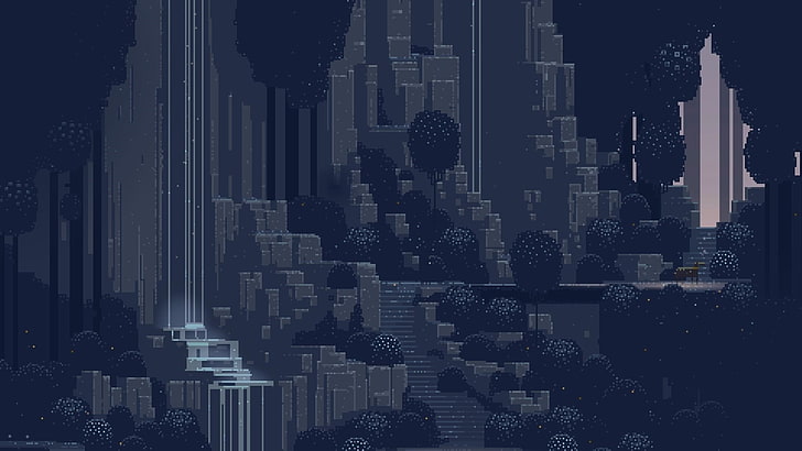 city digital wallpaper, pixel art, waterfall, Superbrothers: Sword and Sorcery EP