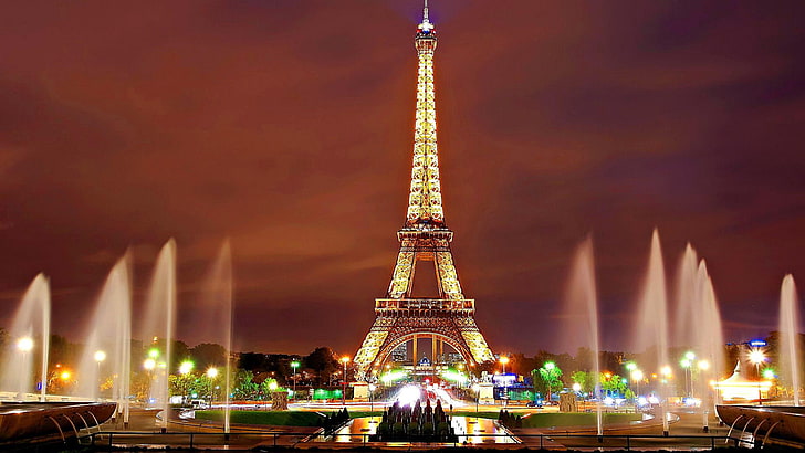 night view, eiffel tower, paris, fountains, europe, sky