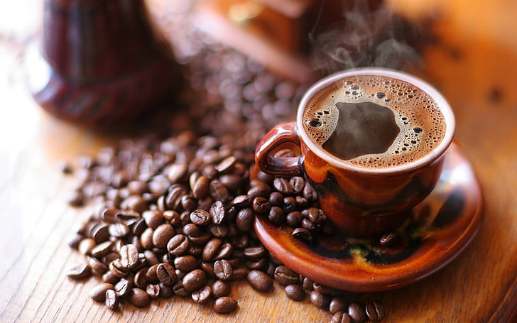 brown mug, coffee, coffee beans, breakfast, cup, food, drink