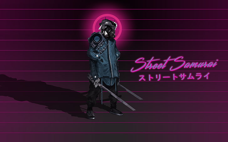 Street Samurai poster, cyberpunk, neon, typography, digital art