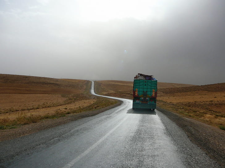 blue truck on gray concrete road, landscape, street, morocco