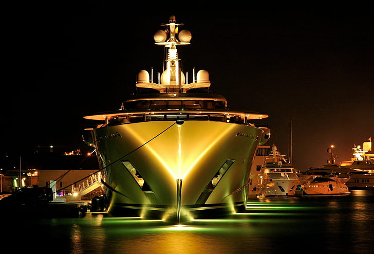 ship, sea, dock, yachts, night, lights, reflection, long exposure