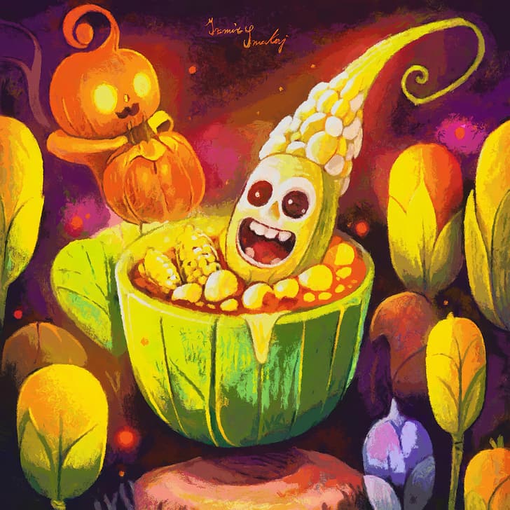 DeviantArt, painting, corn, spooky, Freaks, pumpkin, Halloween, HD wallpaper