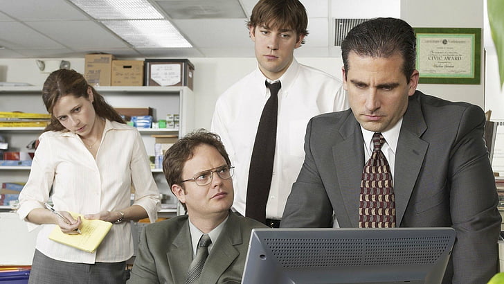 Download The Office cast at Dunder Mifflin's reception desk Wallpaper