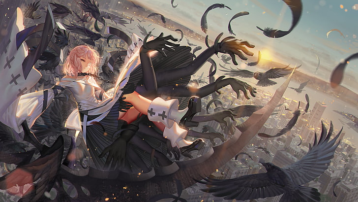 female brown haired anime character with ravens and feathers digital wallpaper