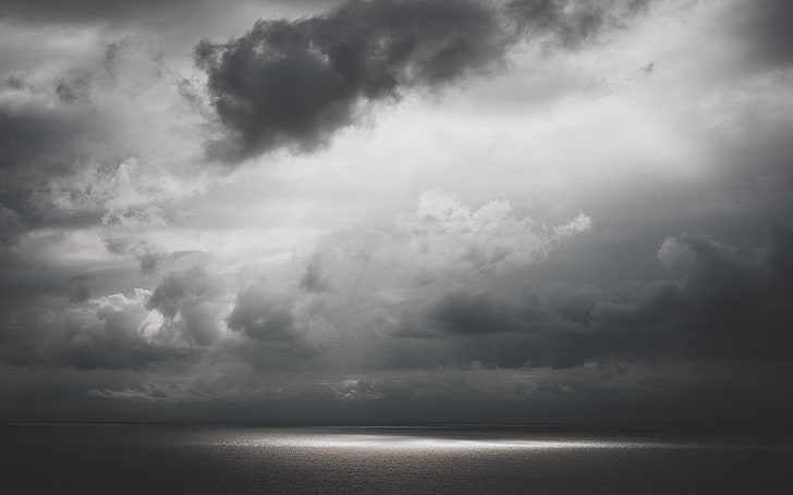 nimbus clouds, monochrome, sky, sea, cloud - sky, storm, water, HD wallpaper