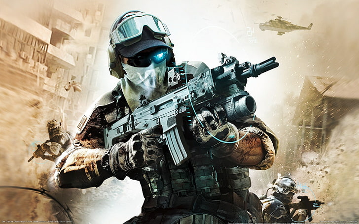 soldiers game wallpaper, the explosion, weapons, glasses, machine